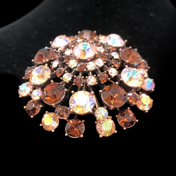 VINTAGE JOAN RIVERS AMBER & AURORA BOREALIS PINK DOME CRYSTAL BROOCH - Picture 6 of 16